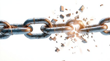Broken Chain Link with Shattering Pieces on White Background