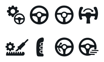 Set of eight dark steering wheel and gear icons on black background