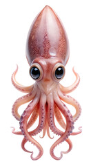 A small, adorable squid with large, dark eyes and pinkish tentacles, isolated on a clean transparent background, showcasing its unique marine anatomy and charming appearance
