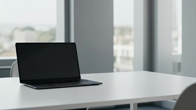 Laptop on white table in a bright room near window. Simple minimalist background