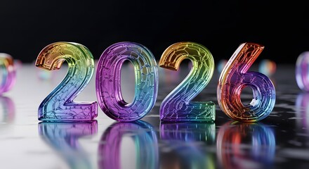 Vibrant 2026 numbers in iridescent textured glass, reflecting colorful light on a sleek surface, symbolizing future, growth, and digital innovation.