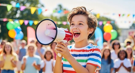 Enthusiastic Boy Announcing Event with Megaphone at Outdoor Celebration.