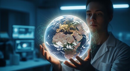 Scientist In Modern Lab Holding Glowing Earth Globe For Global Science And Innovation Forward Thinking

