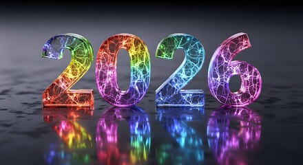 Brightly glowing 2026 year rendered with vibrant spectrum lights and intricate electric patterns, creating a modern future concept.
