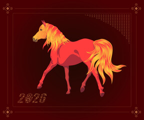 Walking red horse. New year 2026. Vector illustration.