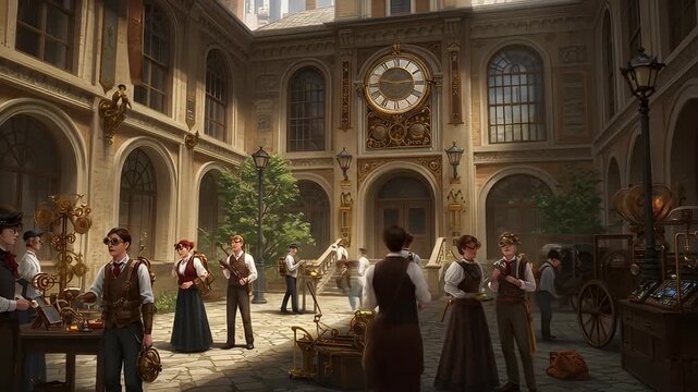 Steampunk figures in a clock-adorned courtyard, with an old-fashioned aesthetic and muted colors