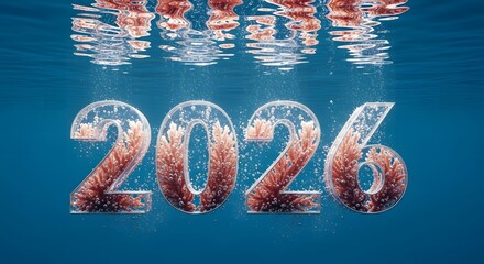 Underwater 2026 new year celebration with coral-filled transparent numbers, clear blue water, bubbles, and ripple effect surface