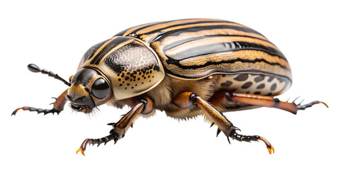 Closeup studio shot of a colorado potato beetle with distinctive stripes on its back, isolated on transparent background