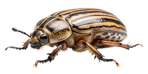 Closeup studio shot of a colorado potato beetle with distinctive stripes on its back, isolated on transparent background
