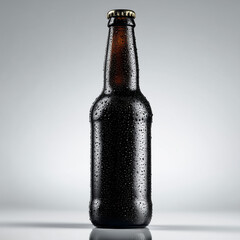 Cold beer bottle with condensation on white background

