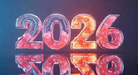 Stylized 2026 numbers with glowing, crystalline and fiery textures reflecting on a polished surface, symbolizing future and new beginnings