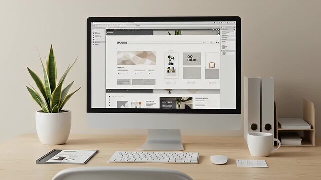 Clean, bright workspace with monitor, keyboard, plant, files, mug on wood desk