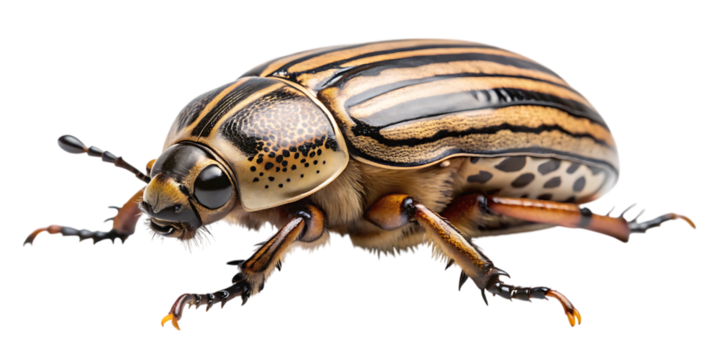Closeup studio shot of a colorado potato beetle with distinctive stripes on its back, isolated on transparent background