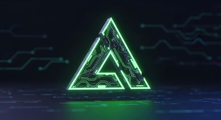 A glowing green triangular logo with circuit board patterns on a dark, tech-inspired background, symbolizing digital innovation.