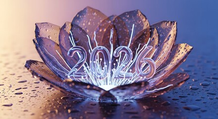 Futuristic 2026 glowing numbers emerging from a modern lotus flower with water drops, symbolizing innovation and growth