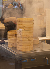 Stack of bamboo steamer chinese bowl on the table