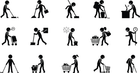Stick figure activity icons, shopping cleaning working gestures, everyday task character set, blackwhite minimalist cad drawing flat vector illustration