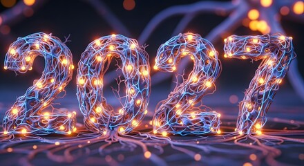 Futuristic 2027 composed of glowing organic neural network, symbolizing technological advancement, innovation, and a bright future.