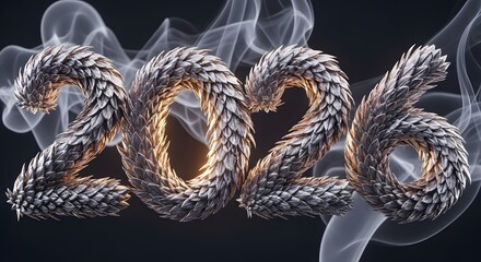 2026 year crafted with intricate metallic dragon scales and ethereal smoke, symbolizing future challenges, strength, and prosperity ahead