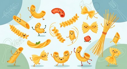 Cartoon Pasta Characters - A Fun and Playful Food Illustration.