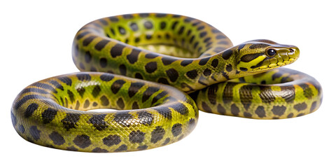 Green anaconda coiled on a transparent background, showcasing its distinctive pattern of dark, circular spots on a vibrant green body, isolated on transparent background