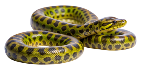 Green anaconda coiled on a transparent background, showcasing its distinctive pattern of dark, circular spots on a vibrant green body, isolated on transparent background