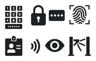 Security icons: padlock, fingerprint, keypad, biometrics, authentication