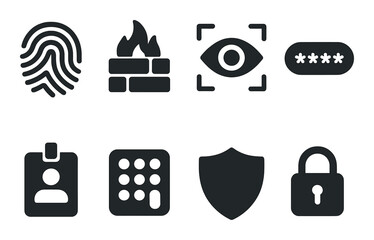 Digital security icons set featuring fingerprint, firewall, eye, password, badge, keypad, shield, lock