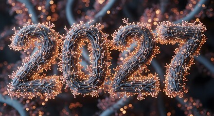 Abstract 3d rendering of the year 2027, made from intricate dark wires with numerous sparkling golden lights and bokeh blur.