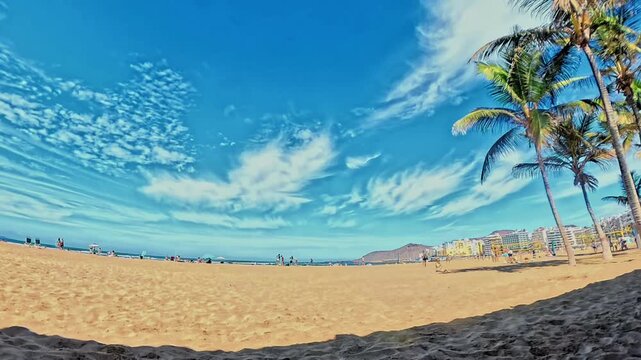A vibrant wide-angle shot of Las Canteras Beach, showing the golden sand, palm trees, and clear blue sky with sweeping clouds, emphasizing the urban beach landscape