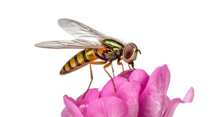 Macro Close-Up of a Hoverfly with Shimmering Wings Feeding on a Pink Flower Petal in Bright Daylight on white background
