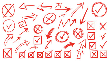 Collection of hand drawn red arrows checkmarks and crosses symbols on white background