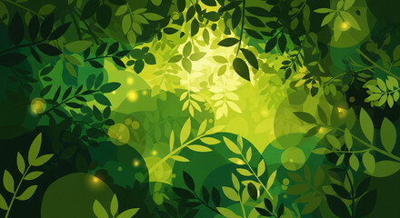 Vibrant green leafy forest canopy with glowing bokeh lights and natural beauty
