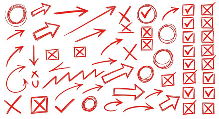 Collection of hand drawn red arrows checkmarks x marks and circles on white background