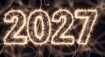 Futuristic glowing 2027 digital data network numbers with electric circuit pattern, innovation and technological progress.