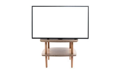 LCD, television with white screen on wooden table isolated on white background.