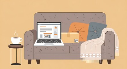 This inviting seamless pattern illustrates a cozy home shopping experience with a laptop, package, and coffee, all in a warm Flat Design style. 