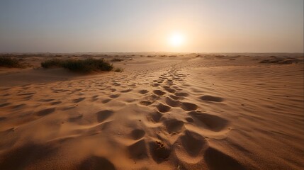 Footprints lead through the golden sand dunes towards the sun at sunrise or sunset