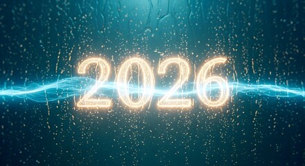 Glowing 2026 numerical text with vibrant blue energy wave and sparkling particles on a dynamic, futuristic background.