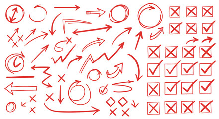 Collection of hand drawn red arrows checkmarks crosses and circles on white background for design and annotation