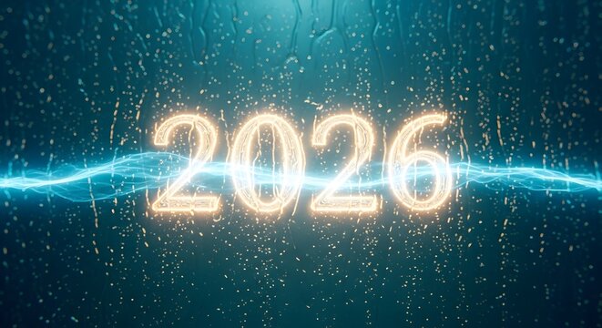 Glowing 2026 numerical text with vibrant blue energy wave and sparkling particles on a dynamic, futuristic background. - Powered by Adobe