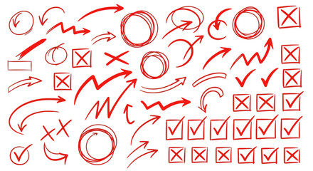 Collection of hand drawn red arrows circles checkmarks and xs isolated on white background