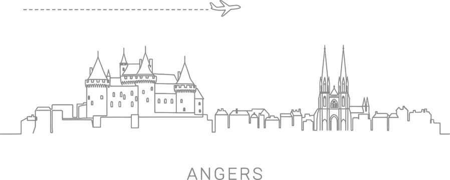 Angers Skyline with Castle and Cathedral, Airplane and Flight Path