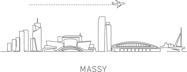 Obraz premium Minimalist Massy Skyline with Airplane and Dotted Line