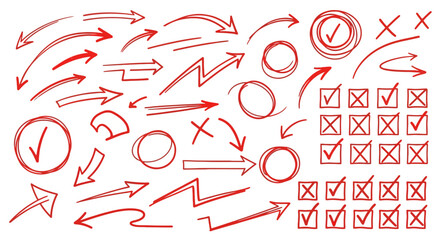 Collection of hand drawn red arrows checkmarks circles and xs isolated on white background