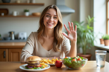 Happy woman waving her hand while sitting at the table. Smiling young woman eating healthy salad at cozy dining table