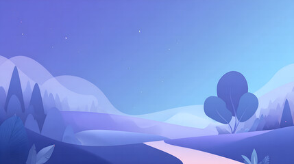 Minimalist blue landscape with hills and trees in soft gradient style