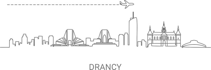 Obraz premium Drancy Skyline with Airplane Line Art