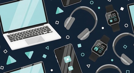 A modern seamless pattern displaying popular tech gadgets such as laptops, smartphones, and headphones, crafted with a sleek Flat Design approach. Perfect for technology websites or electronic store 