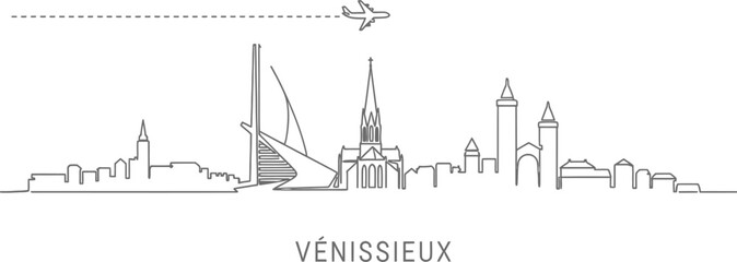 Obraz premium Vénissieux Skyline with Airplane Travel Line